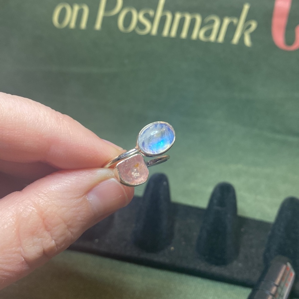 Solid Sterling Silver Rose Quartz And Rainbow Moo… - image 3